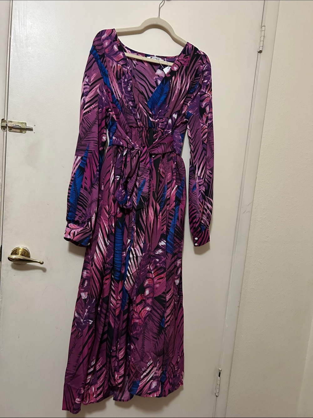 Purple Printed Long-Sleeve Wrap Maxi Dress